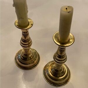 Antique American colonial pair turned brass candlesticks great patina weighted